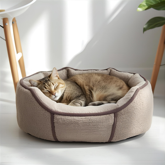 Relaxed cat sleeping in a cozy plush cat bed in a bright modern Canadian home