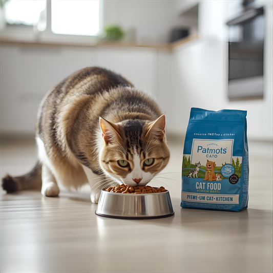 Indoor cat eating premium cat food from a bowl in a bright home setting in Canada