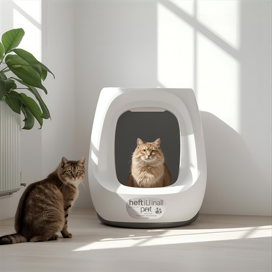 Clean cat litter box setup in a bright modern home with an indoor cat nearby in Canada