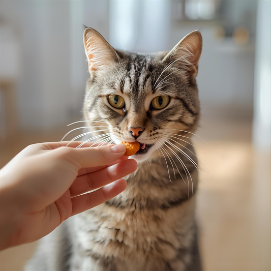 Cat eating a small treat from a person's hand in a bright modern Canadian home