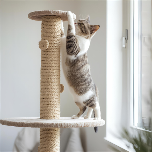 Indoor cat using a tall sisal scratching post on a modern cat tree in a bright Canadian home