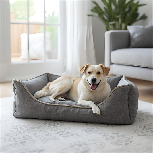 Dog resting comfortably on a modern supportive dog bed in a bright Canadian home
