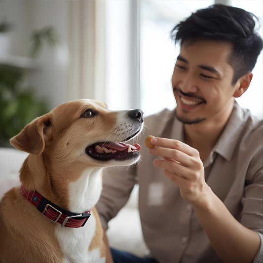 Dog receiving small training treats from a person's hand in a bright Canadian home