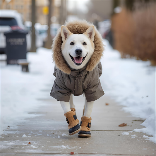 Dog wearing a warm winter coat and boots walking on a snowy sidewalk in Canada