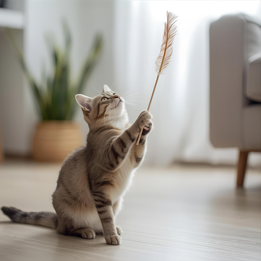 Indoor cat playing with a feather wand toy in a bright modern Canadian home