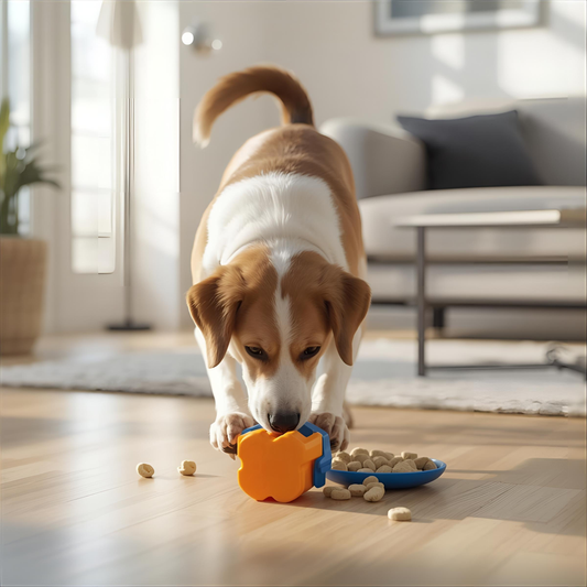 Dog playing with a treat-dispensing puzzle toy in a bright modern Canadian home