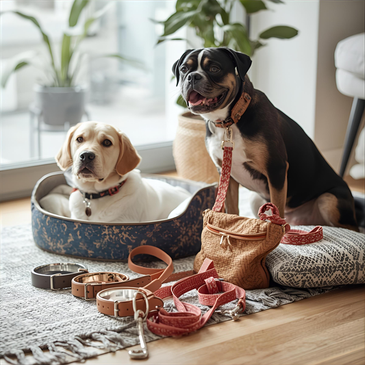 Essential pet accessories including collars, leashes, bowls, and pet beds for pets in Canada