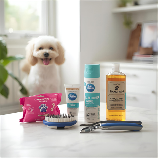 Pet grooming essentials including brush, grooming wipes, nail clippers, and shampoo in a clean bright home in Canada