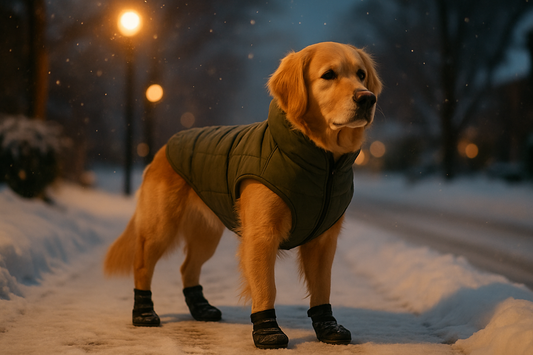 Dog in a winter coat and paw boots standing on a snowy Canadian sidewalk