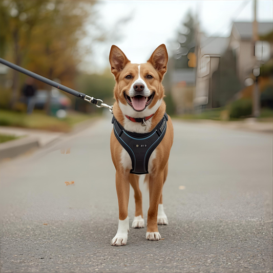 Dog wearing a harness on a walk in a Canadian neighborhood street