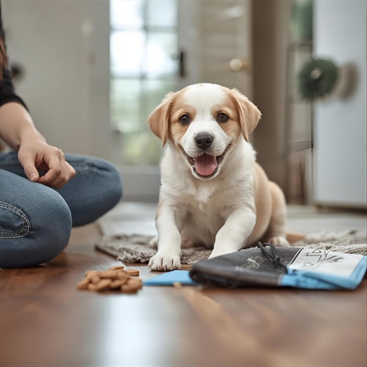 Puppy training essentials including training pads, treats, and crates for new dog owners in Canada