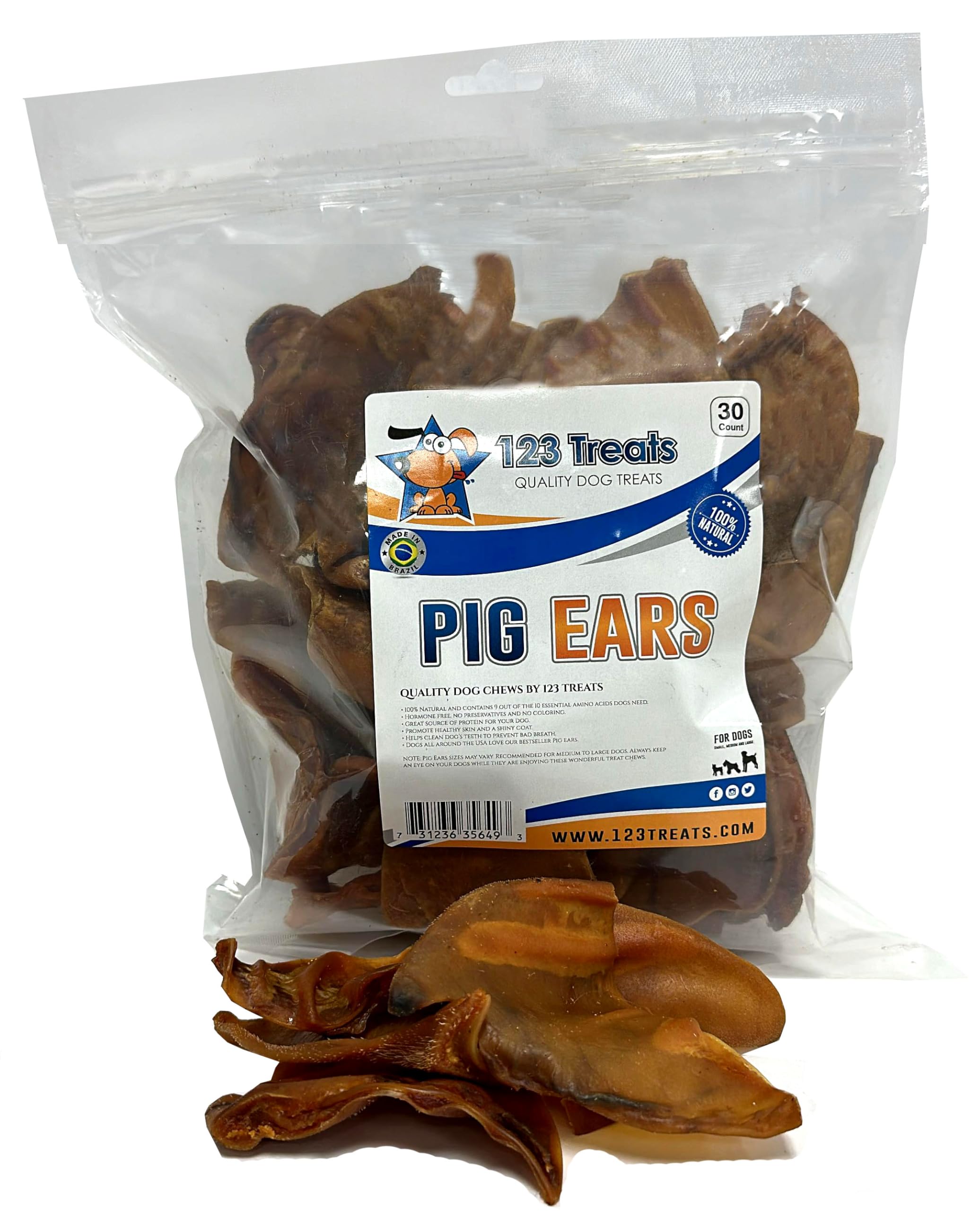 123 Treats pig ears 30-pack front view for long-lasting chewing.