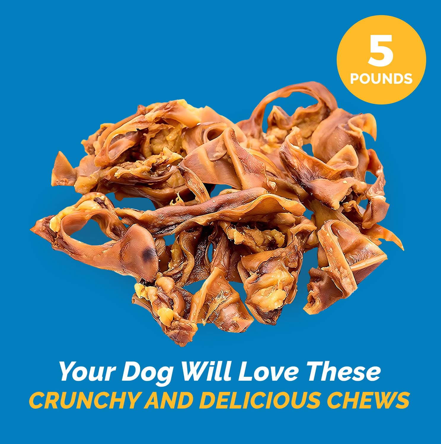 123 Treats pig ears 5lb bag dog chew closeup — protein-rich snack supports energy and coat health.