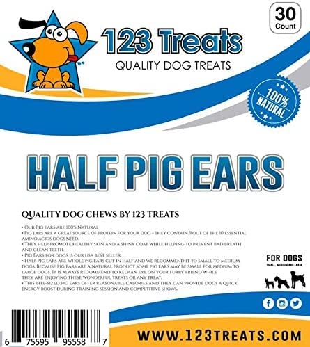 123 Treats pig ears dog chew in action during playtime.