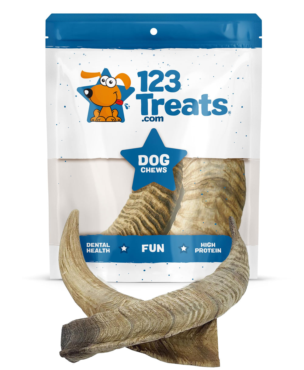123 Treats goat horns close-up: natural, long-lasting dog chew for extended chewing sessions.
