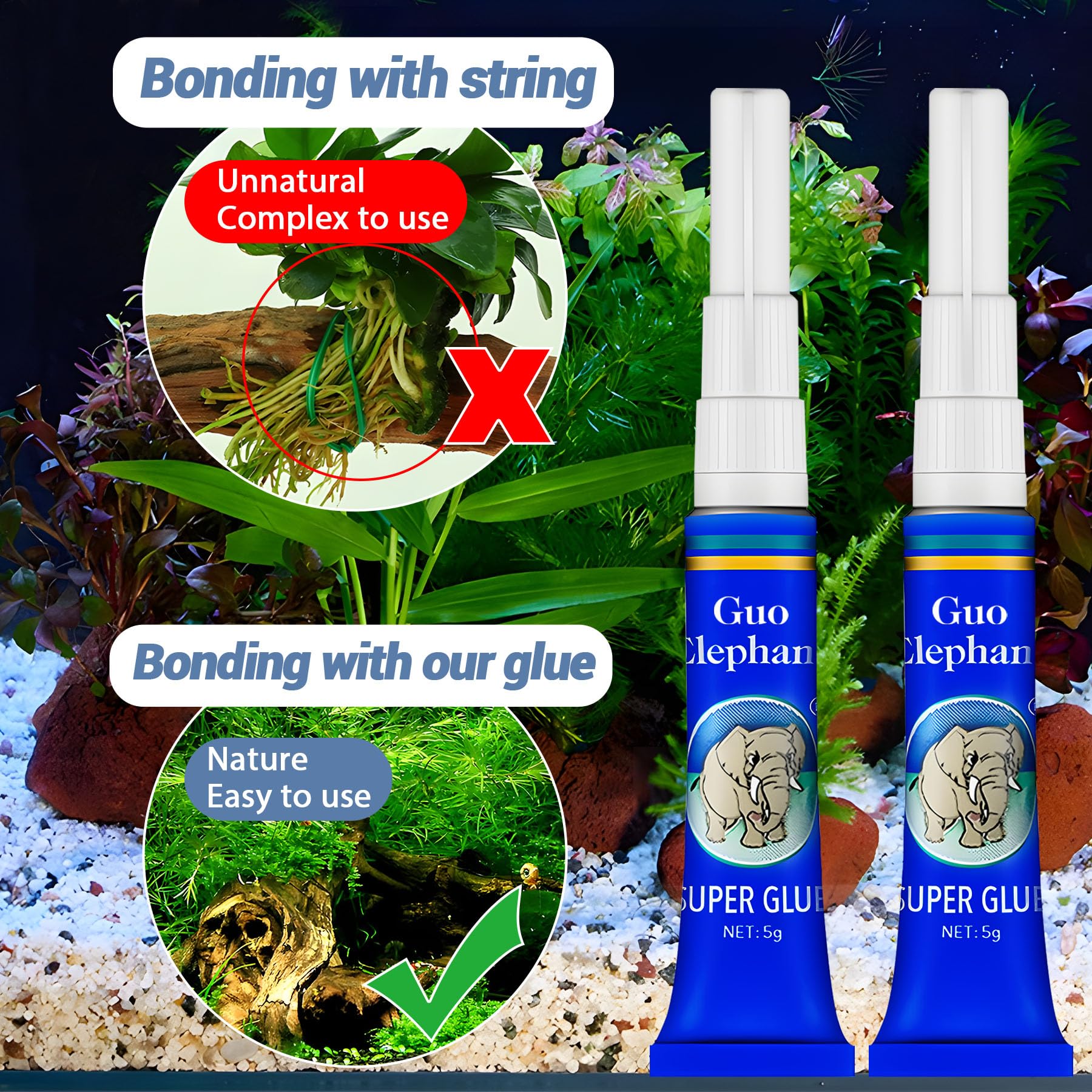 1DFAUL Aquarium Glue strong-adhesion highlights rapid fixation of moss, coral, and stones.