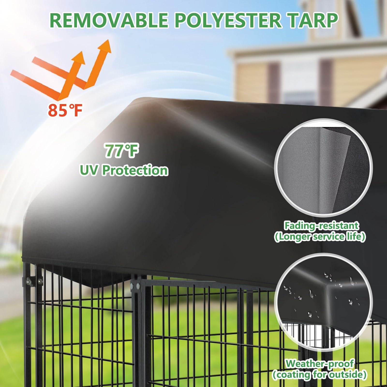 1R2P3I rotating feeder feature in dog kennel for hands free feeding and convenience