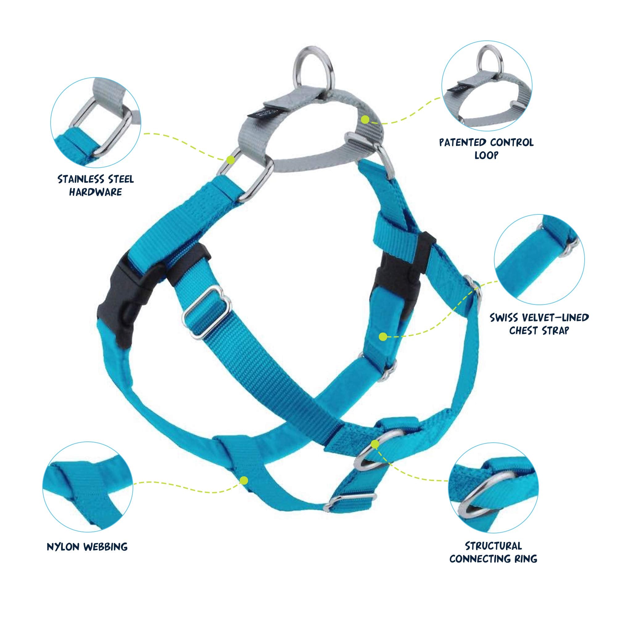 2 Hounds Design Freedom No Pull Harness turquoise adjustable points highlight easy fit and even pressure.
