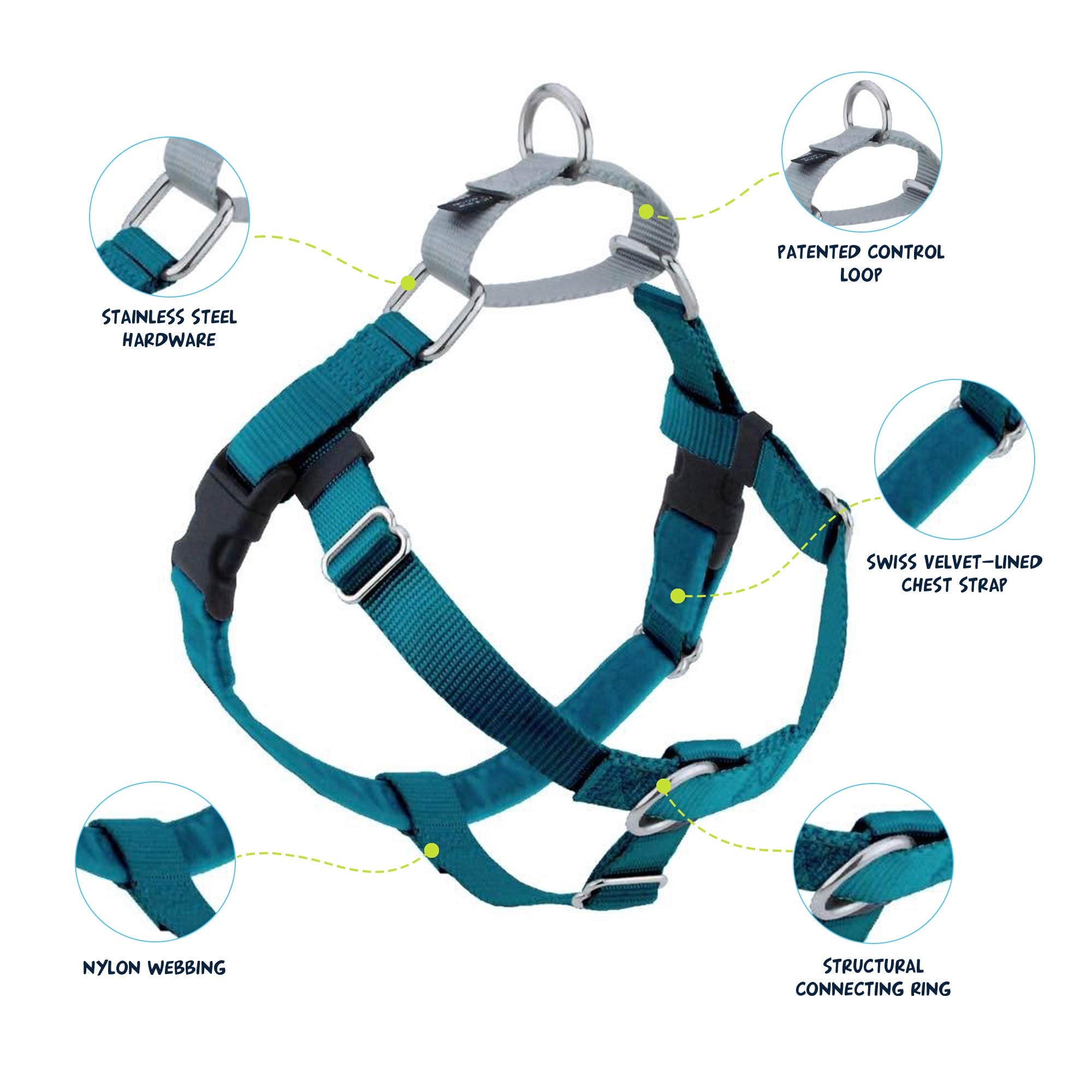 2 Hounds Design Freedom no-pull harness teal back-clip for everyday strolling.