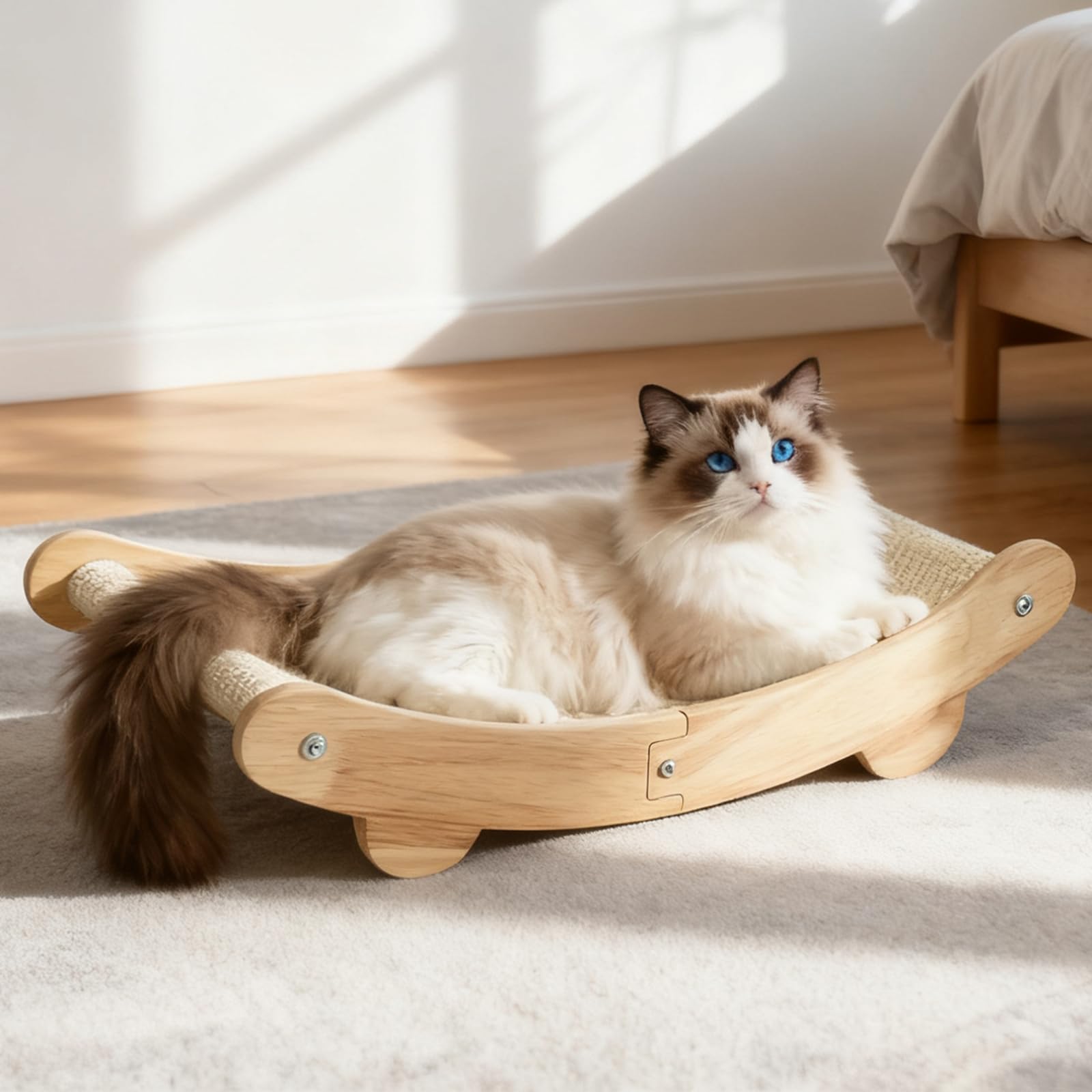 2-in-1 Natural Sisal Cat Scratcher Bed base with sturdy oak frame for durability