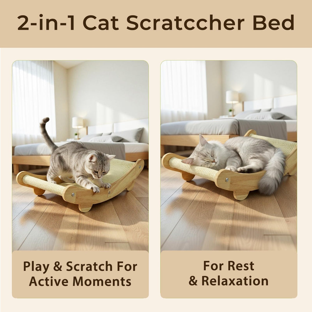 2-in-1 Natural Sisal Cat Scratcher Bed hammock shows ergonomic 160° lounging for large cats