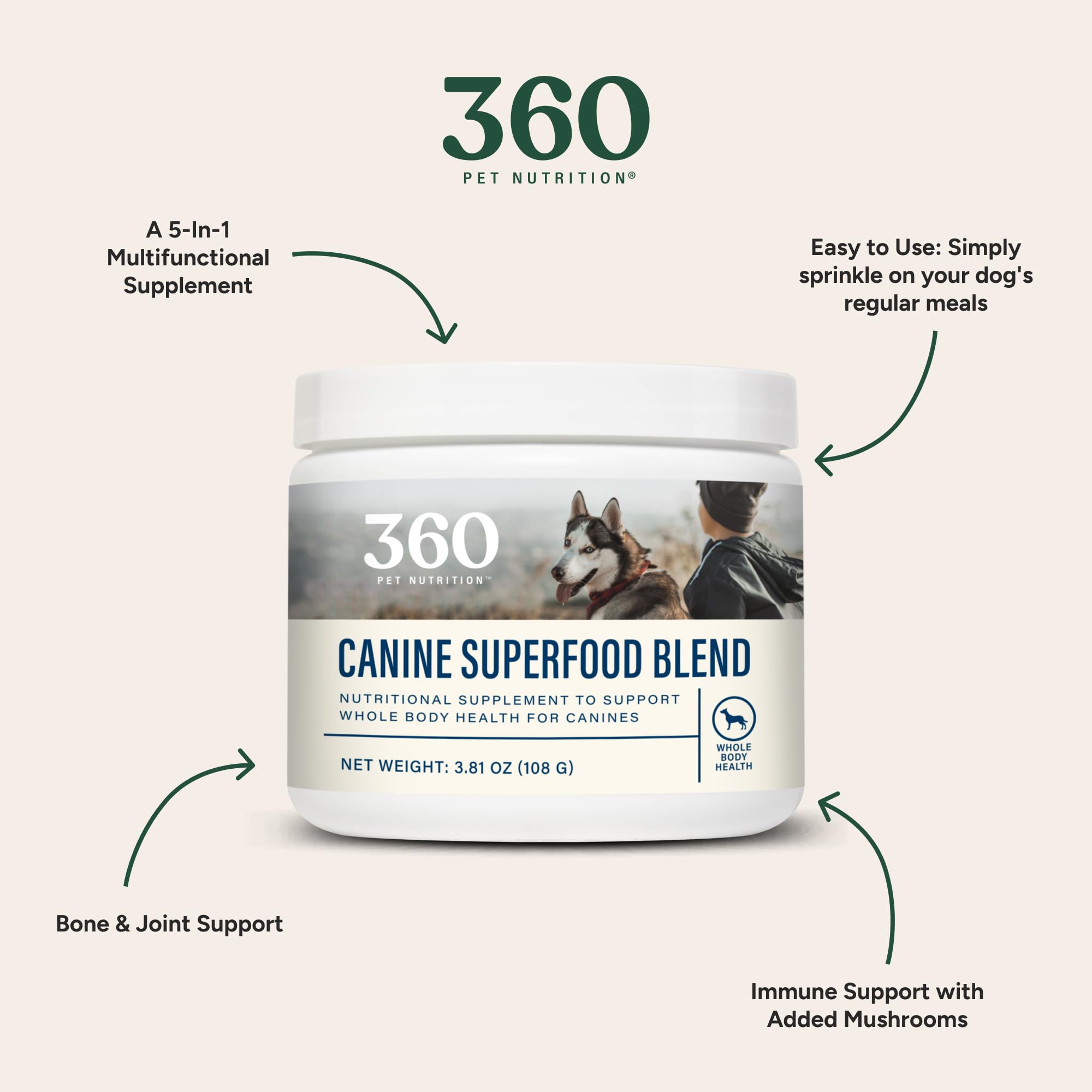 360 Pet Nutrition Canine Superfood Boost beef-flavor-powder conveys tasty enrichment with immune-boosting potential