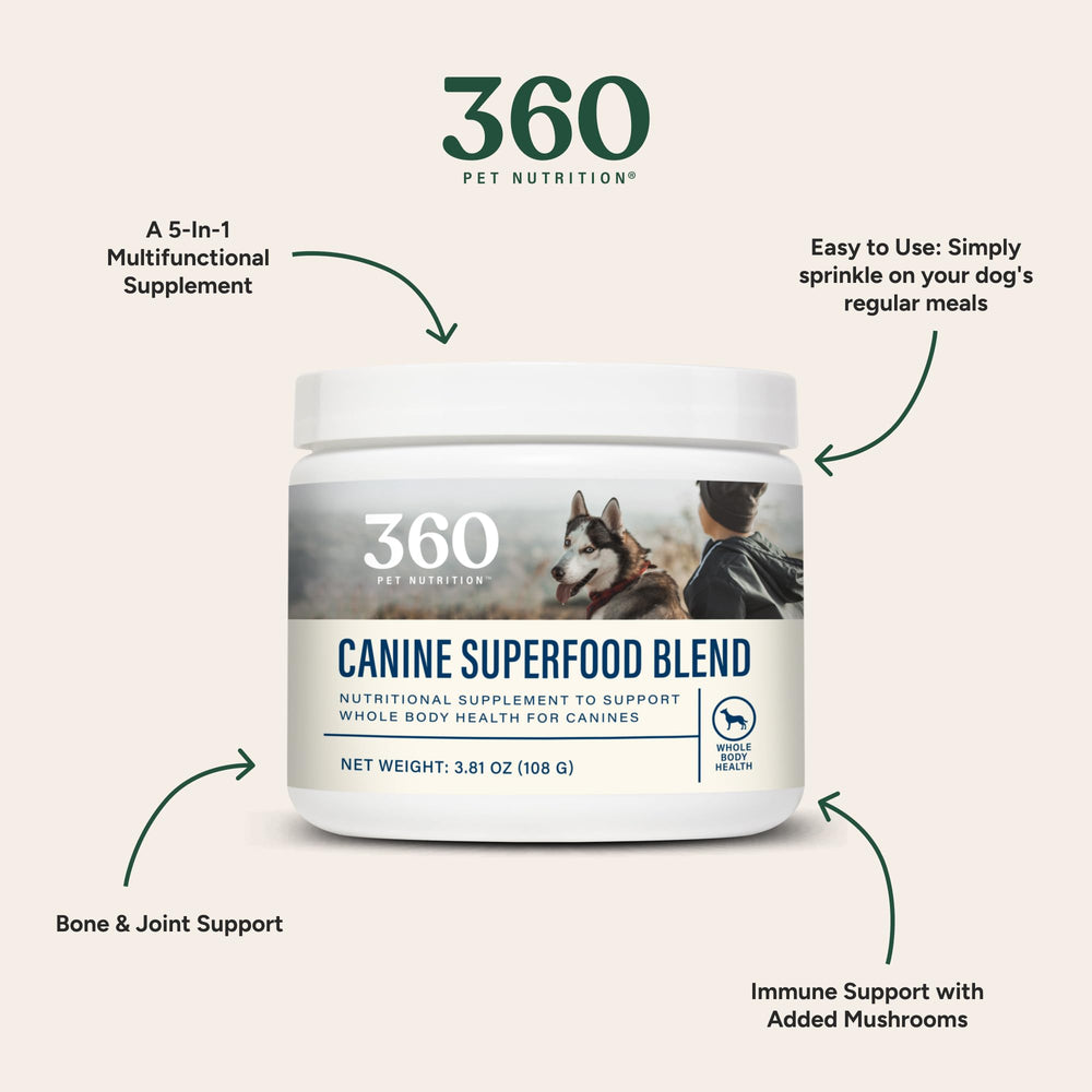 360 Pet Nutrition Canine Superfood Boost beef-flavor-powder conveys tasty enrichment with immune-boosting potential