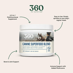 360 Pet Nutrition Canine Superfood Boost beef-flavor-powder conveys tasty enrichment with immune-boosting potential