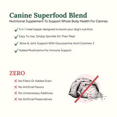 360 Pet Nutrition Canine Superfood Boost dog-bowl-topper shows sumptuous beef flavor over kibble