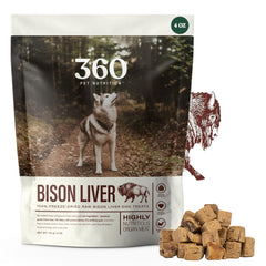 360 Pet Nutrition freeze-dried bison liver dog treats shown in a bag for training rewards
