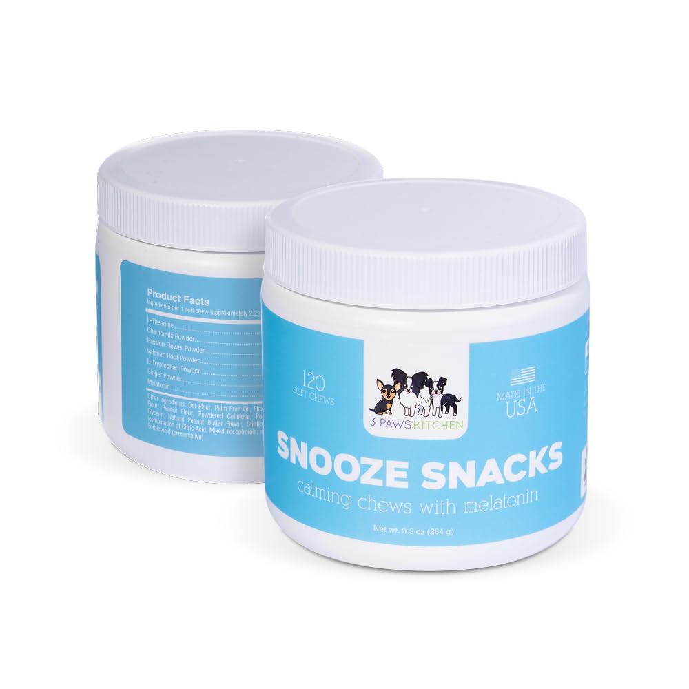 3 Paws Kitchen Snooze Snacks bottle label close-up highlights vet-approved calming treats