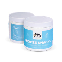3 Paws Kitchen Snooze Snacks bottle label close-up highlights vet-approved calming treats