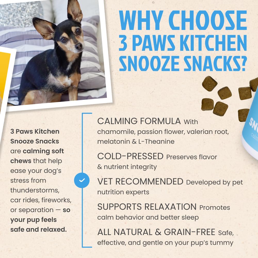 3 Paws Kitchen Snooze Snacks chamomile and melatonin ingredients shown for nighttime calm