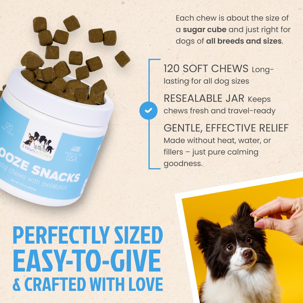 3 Paws Kitchen Snooze Snacks valerian root illustration signals natural calming option