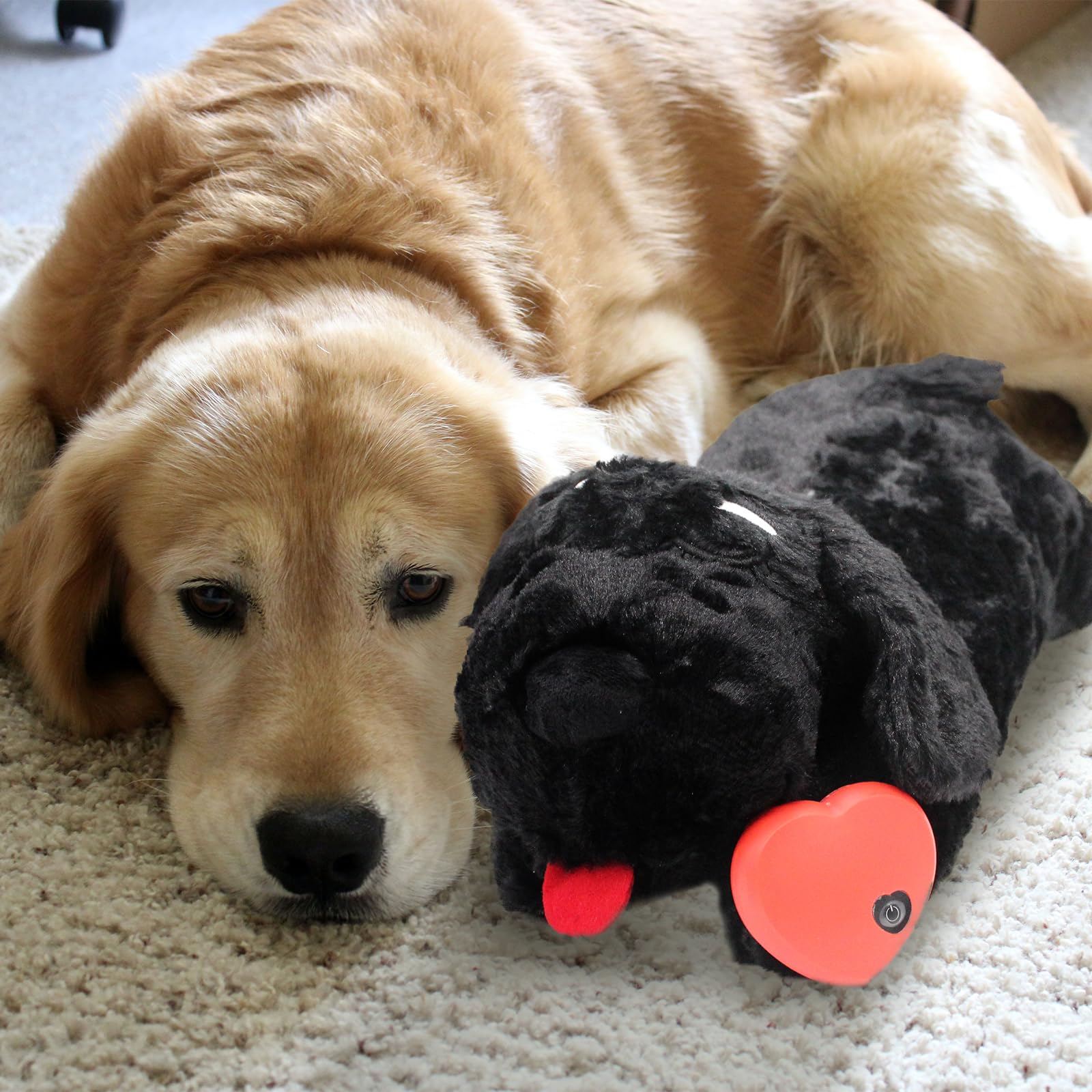 3T GROUP Heartbeat Toy sleep aid use shows calm puppy resting.