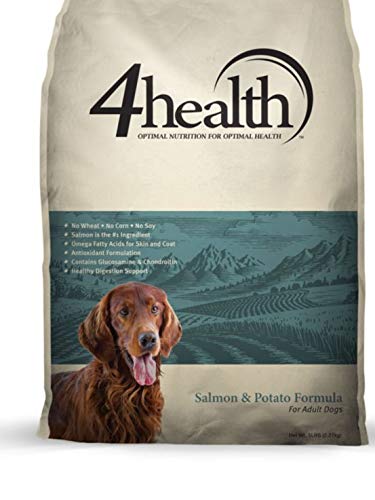 4health salmon and potato formula adult dry dog food bag highlighting heart health and joint support