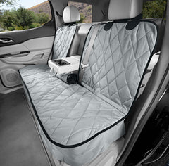 4Knines dog seat cover on backseat demonstrates 60-40 split compatibility and protection.