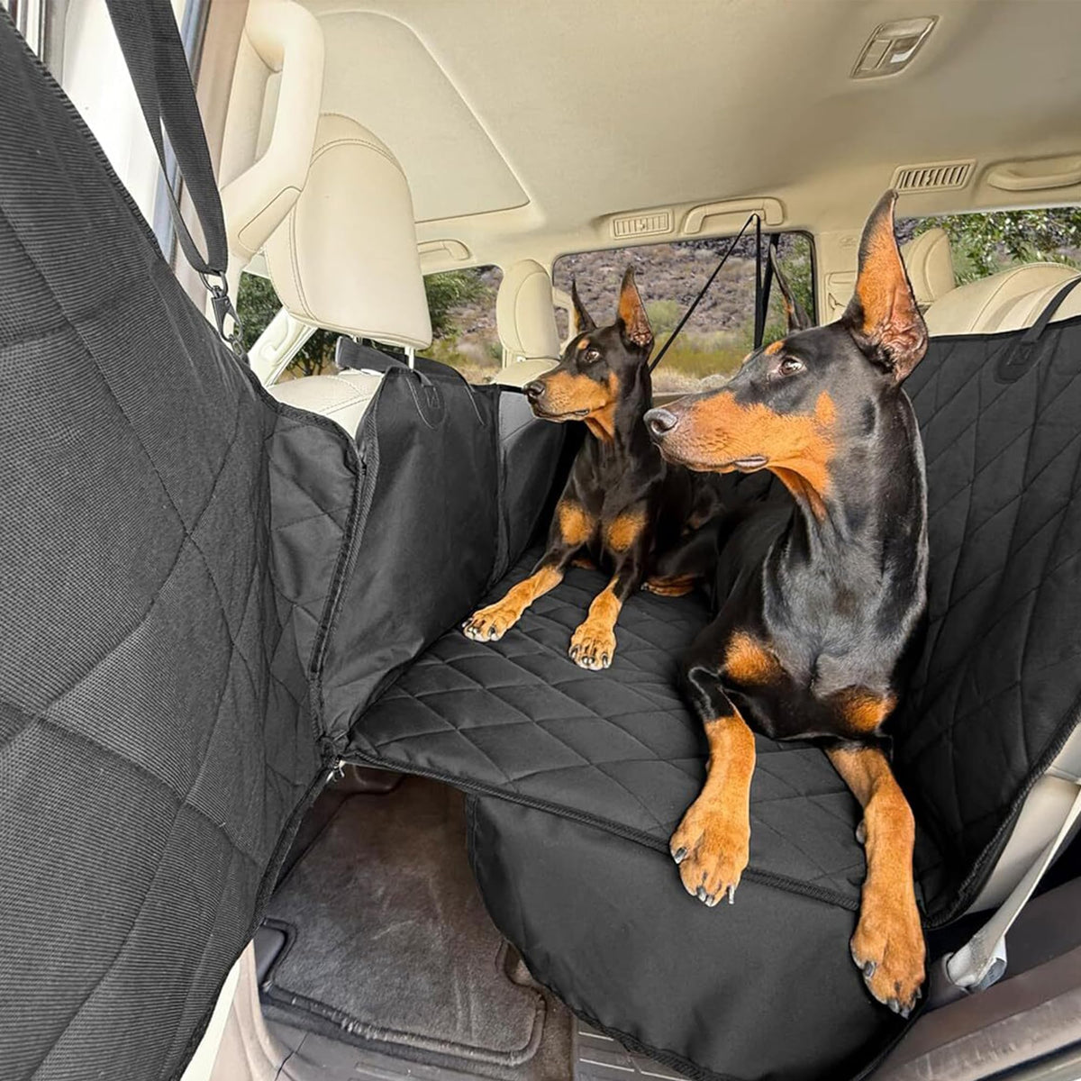 4Knines hard bottom back seat extender main view with sturdy support for dogs on road trips.