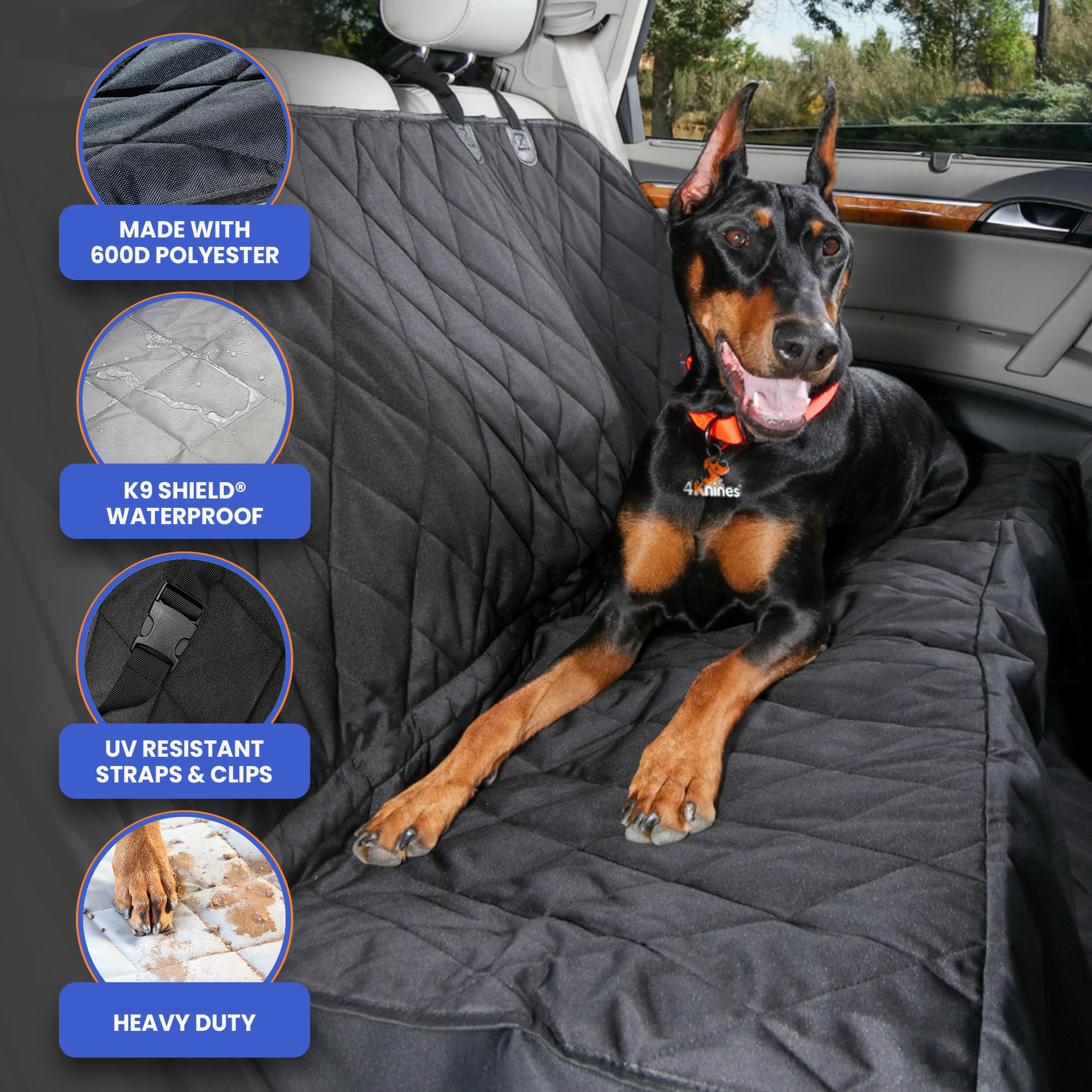 4Knines heavy-duty 600D quilting enhances durability for daily pet use in cars and SUVs.