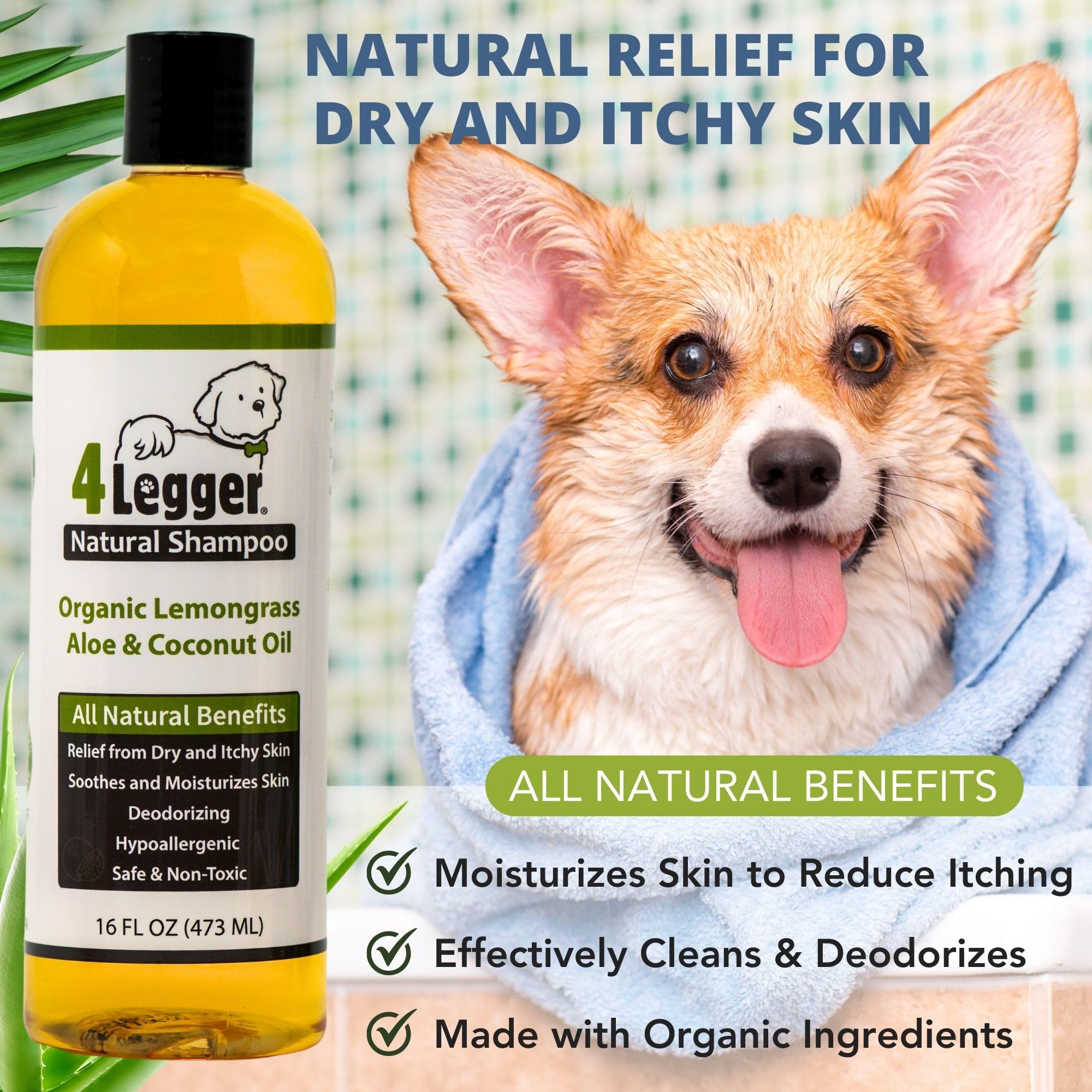 4Legger lemongrass aloe close-up indicates soothing scent during baths.