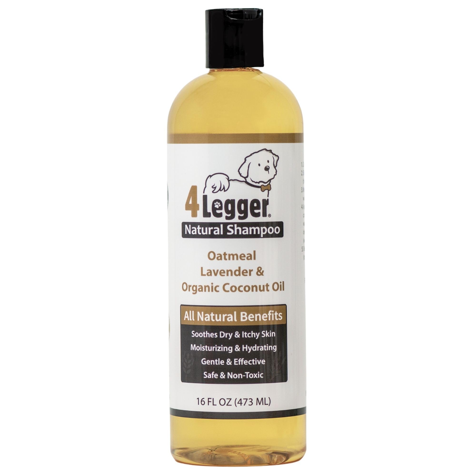 4Legger oatmeal dog shampoo bottle shows natural ingredients and purity