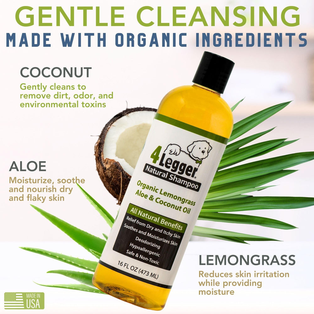 4Legger organic dog shampoo ingredients close-up shows aloe and lemongrass.