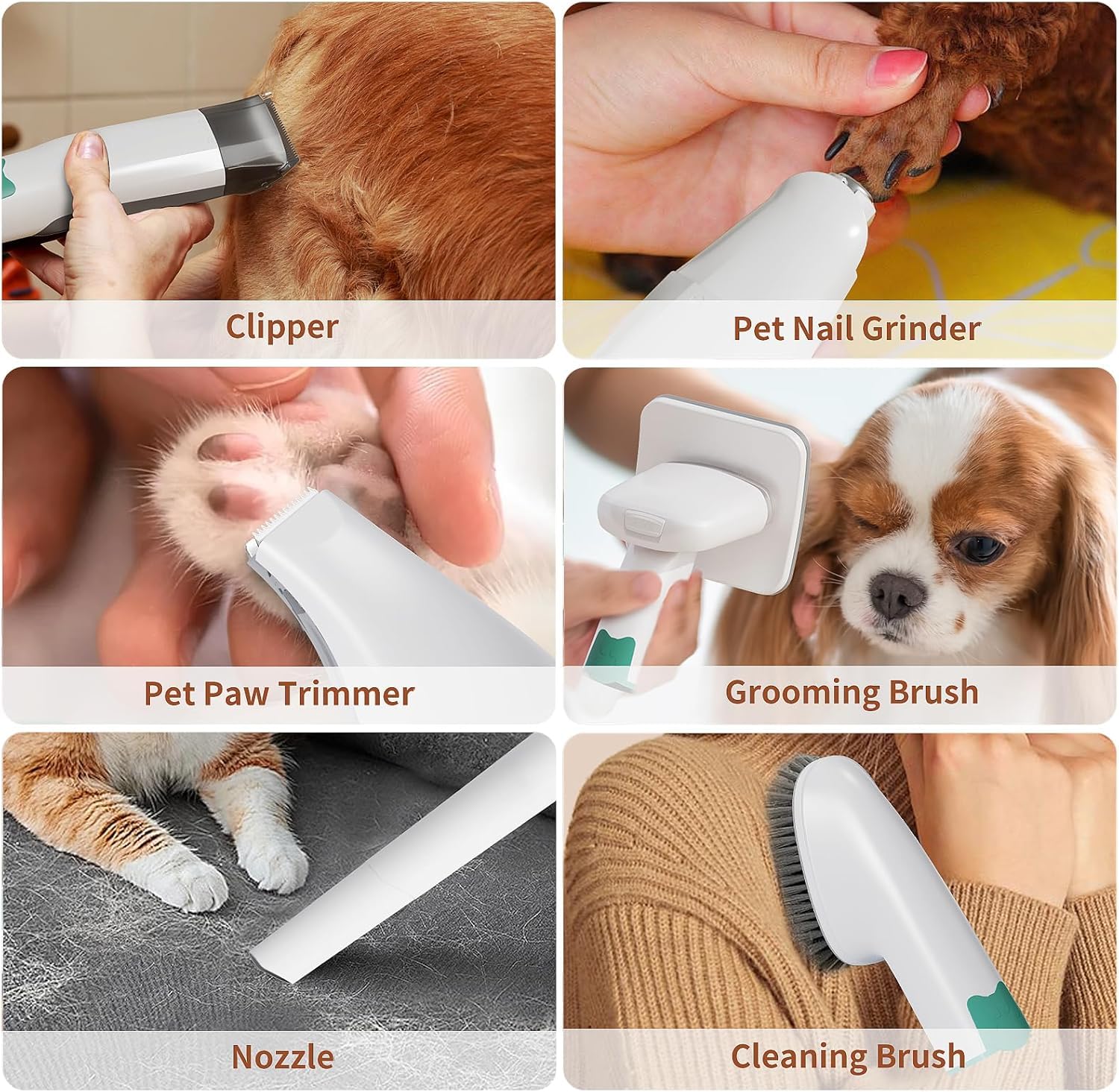 8VR dog grooming kit nozzle head and brush capture loose fur on furniture