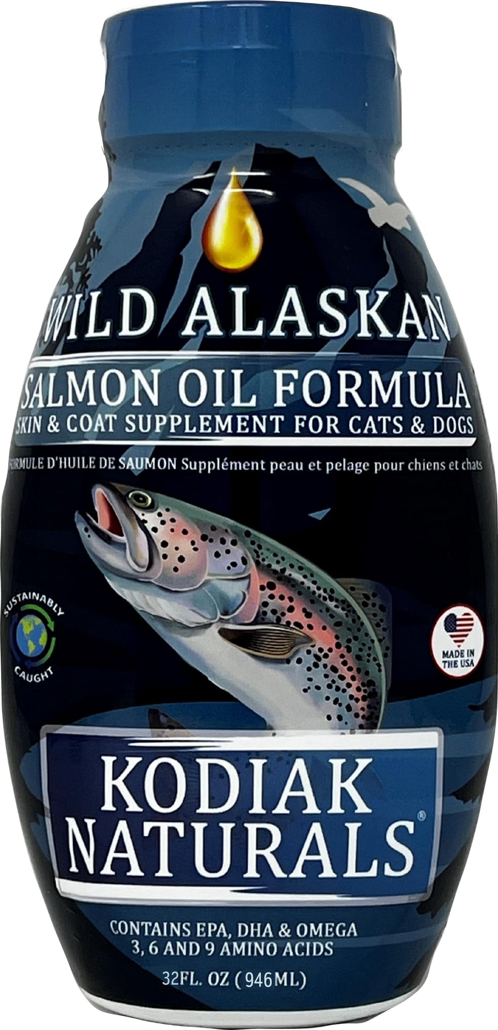 Kodiak Naturals wild Alaskan salmon oil bottle supports skin and coat with omega-3 nutrition.