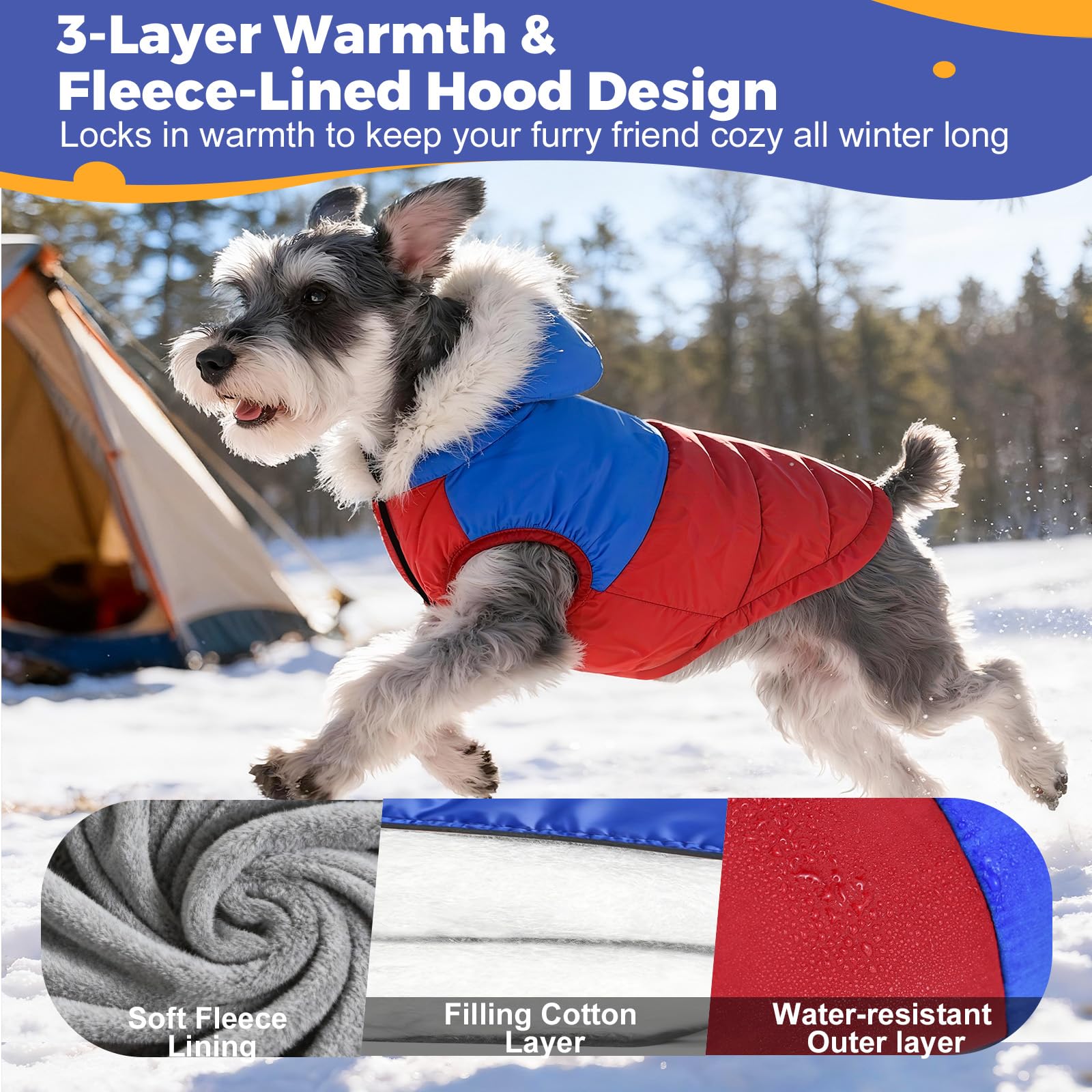 Nibnozy dog winter coat hood plush fleece interior delivers cozy insulation without bulk.