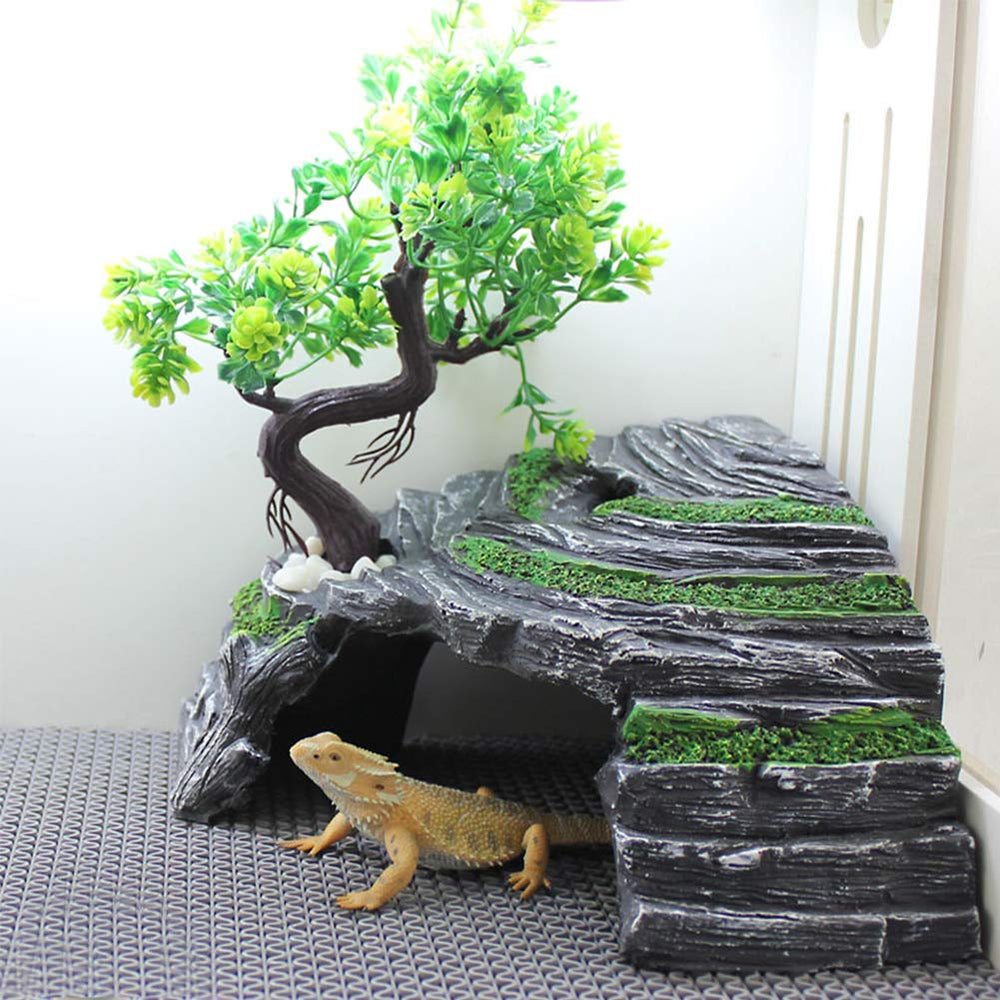 OMEM Reptile Box Shelter realistic rock and tree model boosts authentic habitat feel