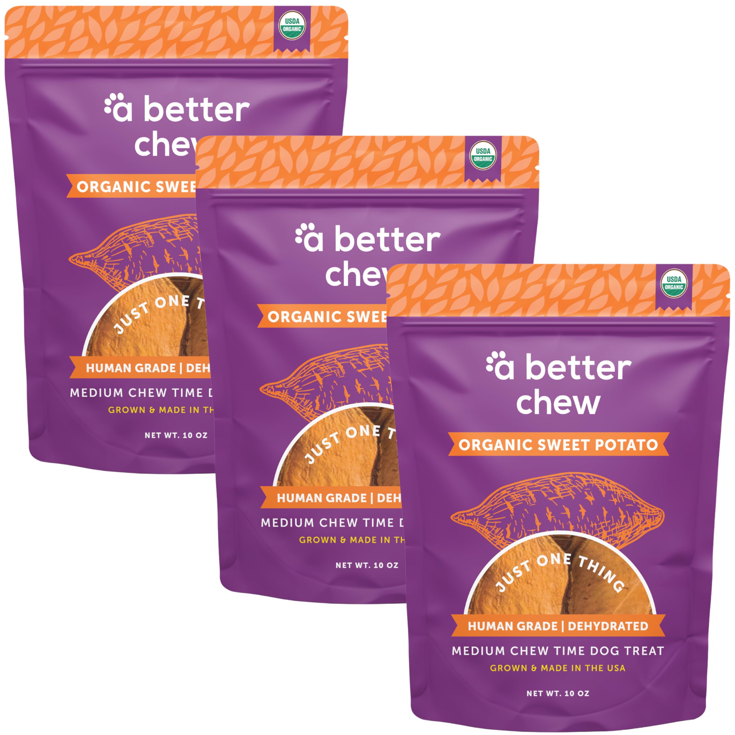 A Better Treat organic sweet potato chews bag highlighting longer-lasting, allergen-friendly snack.