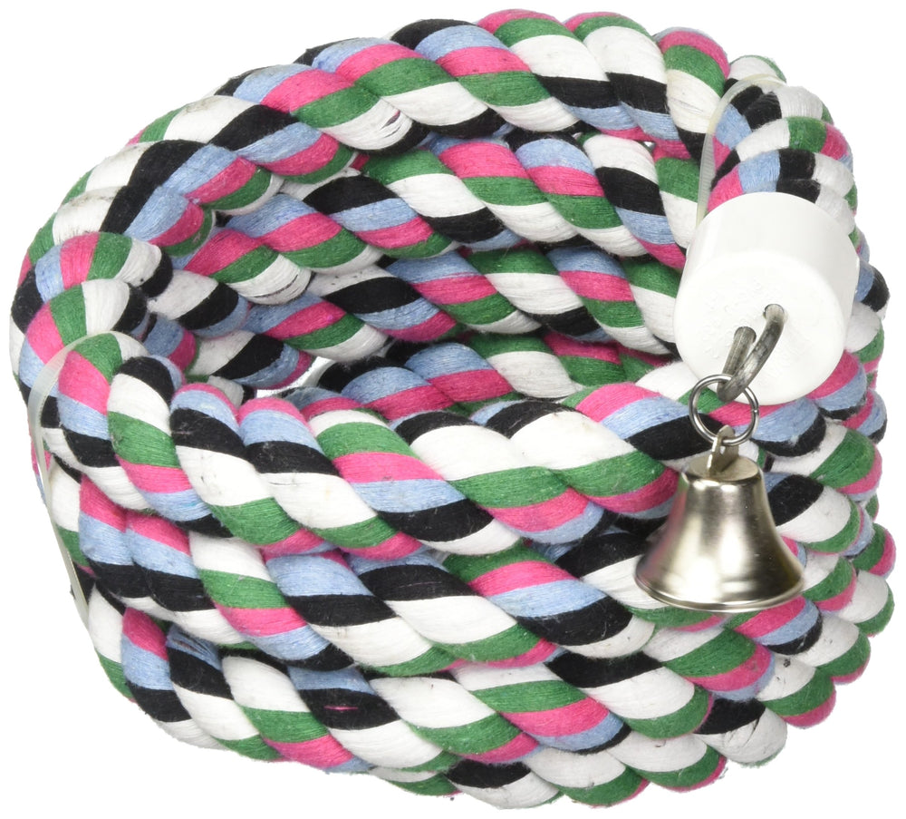 A&E Cage Company Happy Beaks toy with rainbow cotton rope and bell for engaging bird play.