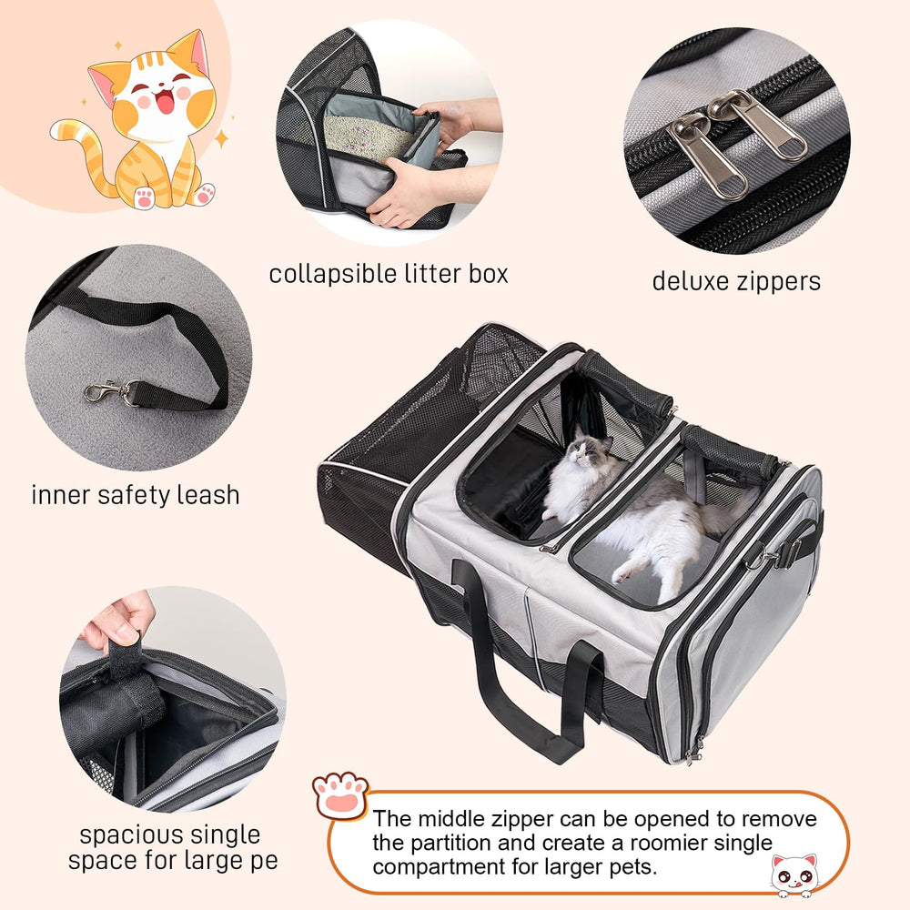 A.FATI portable double cat carrier with two foldable litter boxes for travel