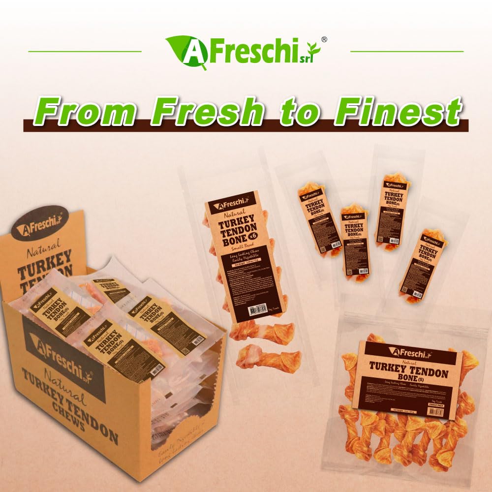 A Freschi srl Turkey Tendons long-lasting chew in 6-count pack invites extended play